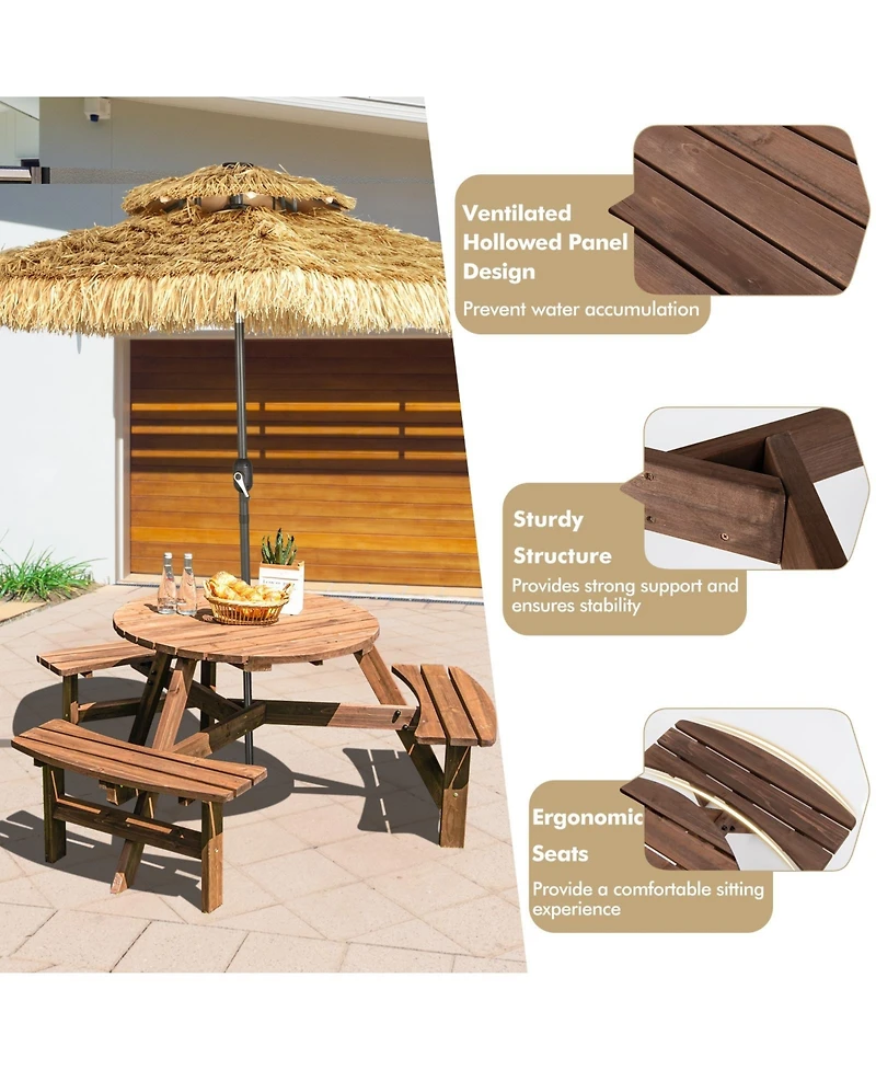 6 Person Wooden Picnic Table Set with Bench and Umbrella Hold