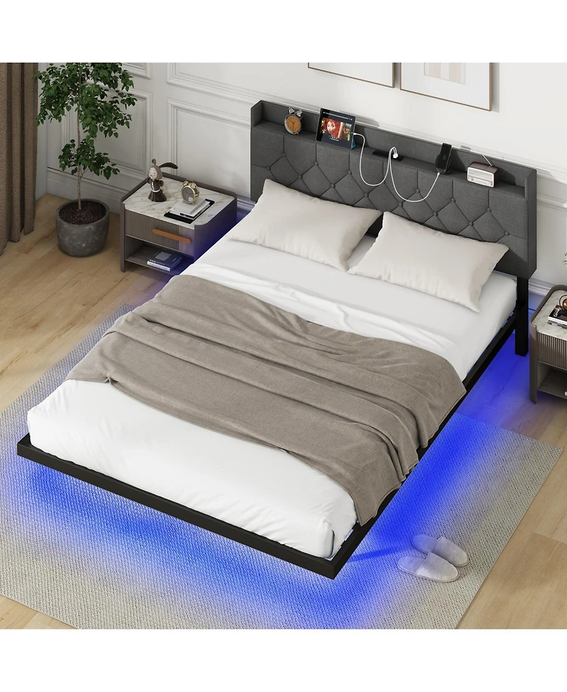 Floating Bed Frame with Led and Headboard and Charging Station