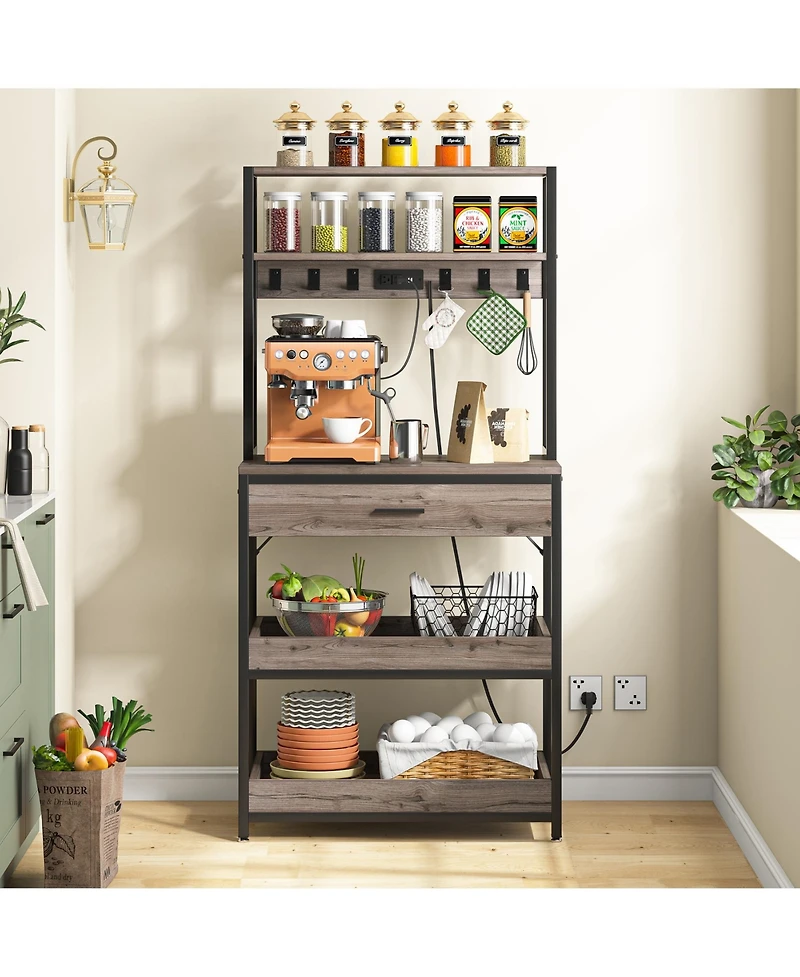 Tribesigns Bakers Rack with Power Outlets, 5-Tier Kitchen Storage Shelf, Microwave Oven Stand with Drawer, 65”H Coffee Bar Table, Kitchen Rack