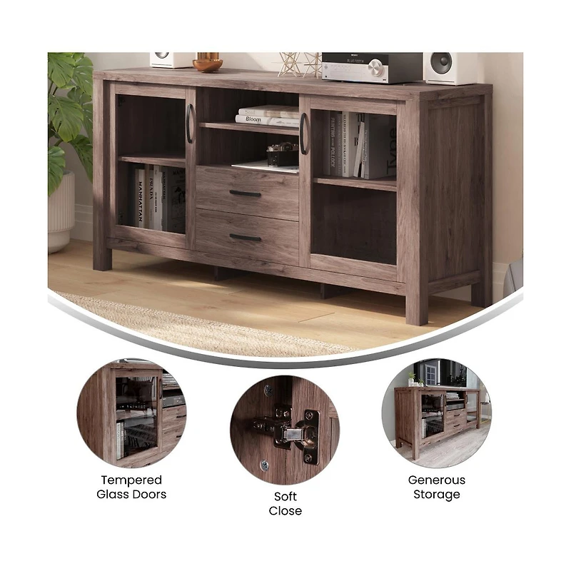 Merrick Lane Agustin Two-Drawer Engineered Wood Buffet Sideboard Cabinet With Open Shelf, Two Tempered Glass Doors For Dining Room/Kitchen