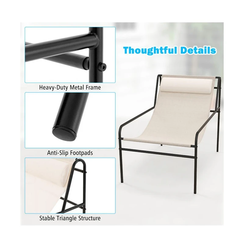 Sugift Patio Sling Lounge Chair with Removable Headrest Pillow and Metal Frame