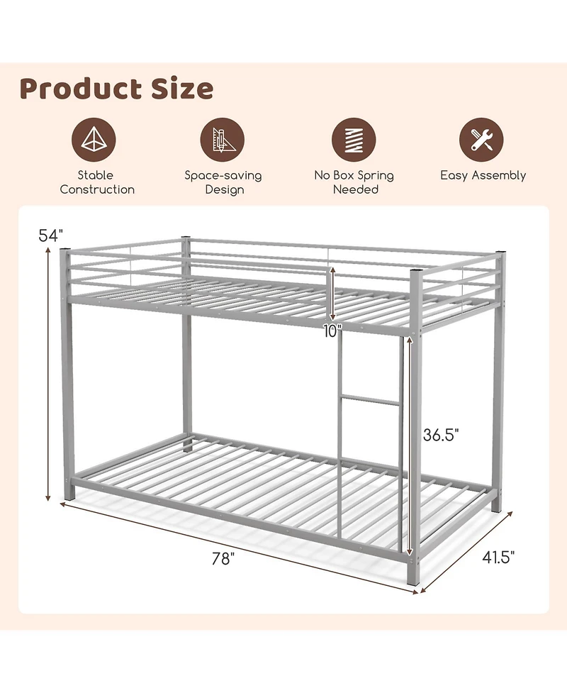 Sugift Low Profile Twin Over Metal Bunk Bed with Full-length Guardrails
