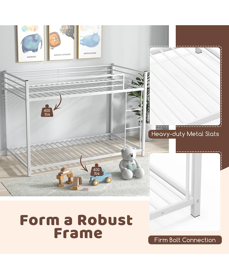 Sugift Low Profile Twin Over Metal Bunk Bed with Full-length Guardrails