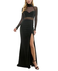 City Studios Juniors' Mock-Neck Long-Sleeve Slit-Front Gown