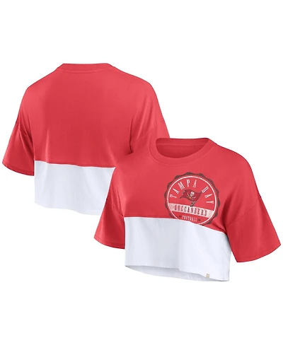 Fanatics Women's Red/White Tampa Bay Buccaneers Boxy Color Split Cropped T-Shirt