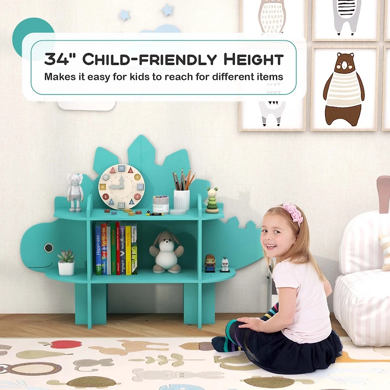 Dinosaur Bookcase for Kids 2-Tier Toy Storage Organizer with Open Storage Shelves