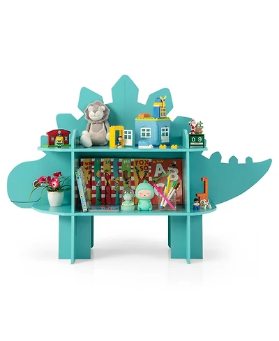 Dinosaur Bookcase for Kids 2-Tier Toy Storage Organizer with Open Storage Shelves