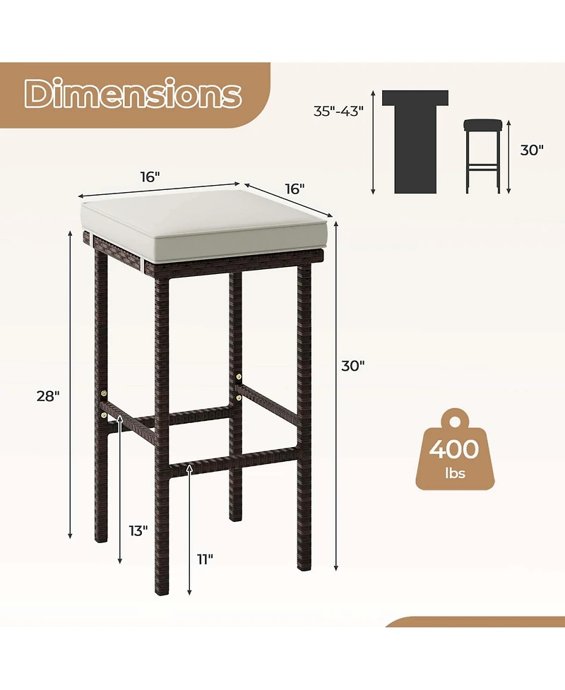 Wicker Bar Stools Set of 2 with Removable Seat Cushions Footrest Support 400 Lbs