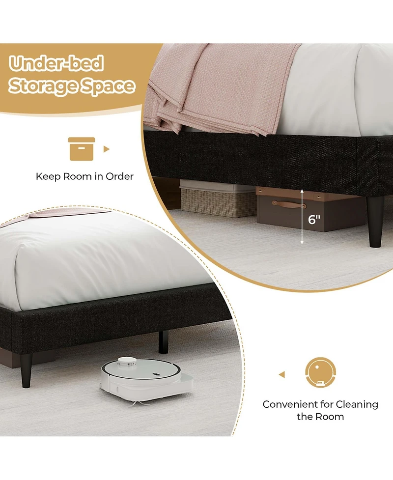 Queen Size Upholstered Bed Frame with Nailhead Trim Headboard Wooden Slats Support