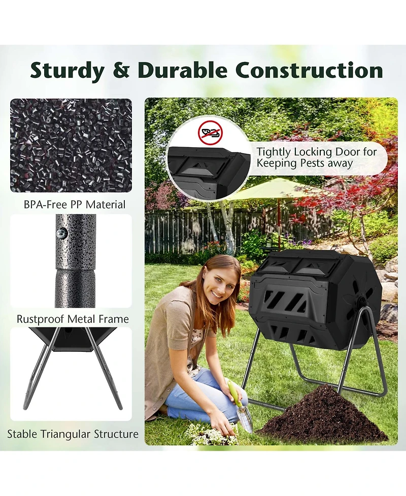 Costway 42-Gal Compost Bin Dual Chamber Composting Tumbler with 2 Sliding Doors Metal Frame