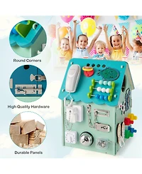 Wooden Busy House Montessori Toy with Sensory Games & Interior Storage Space