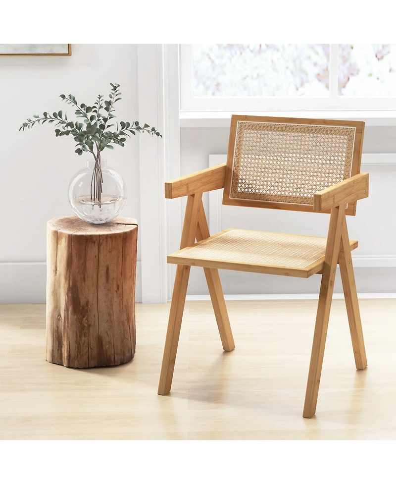 Costway Set of 4 Rattan Accent Chairs Mid Century Dining Armchair Bamboo Frame Kitchen