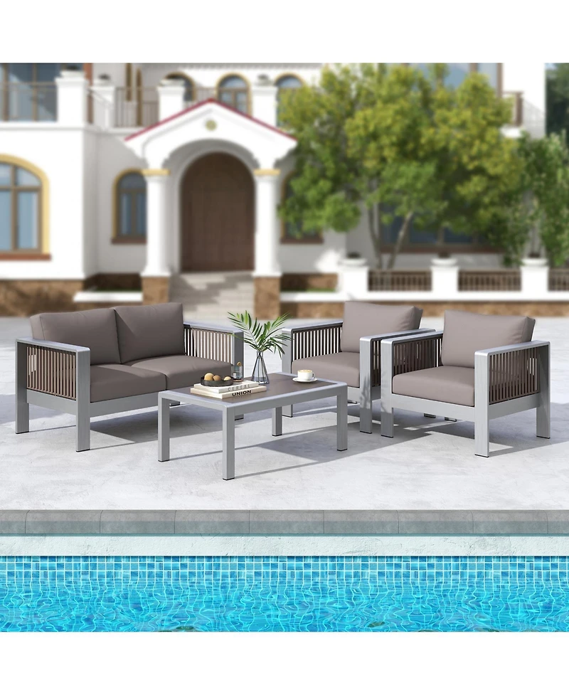 Slickblue Outdoor Rectangle Coffee Table with Tempered Glass Tabletop for Backyard Poolside-Grey