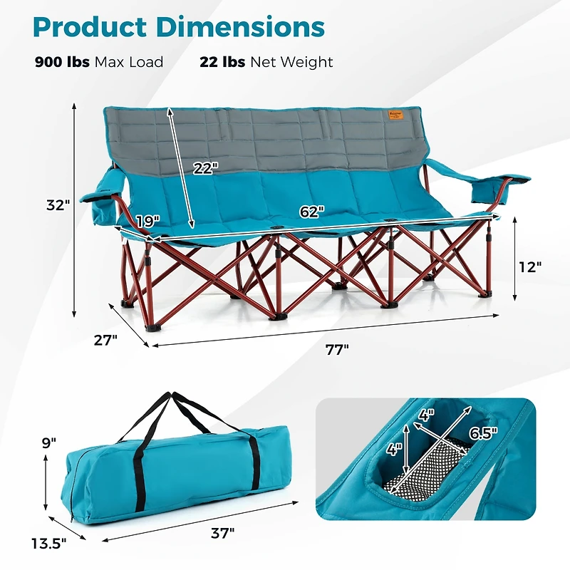 3 Person Folding Camping Chair Heavy-Duty Camp Couch with 2 Cup Holders Padding