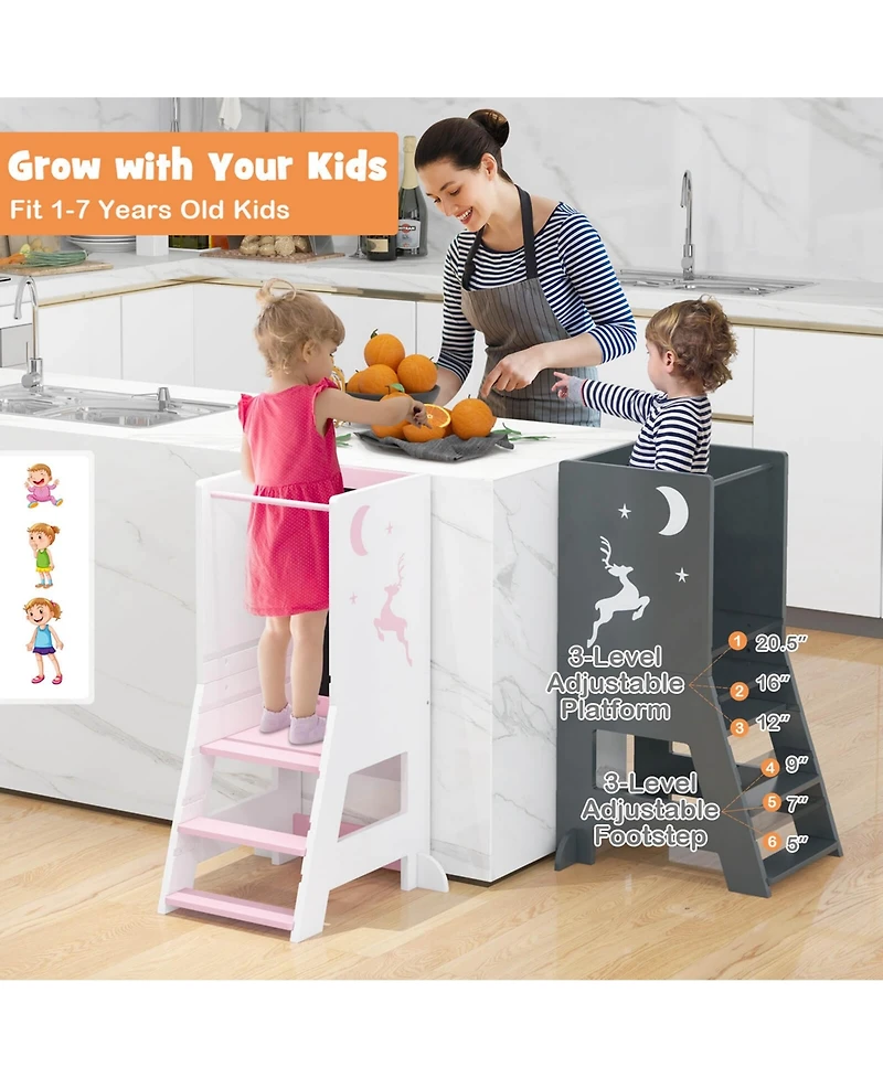 Costway Toddler Kitchen Stool Helper Standing Tower with Chalkboard & Whiteboard