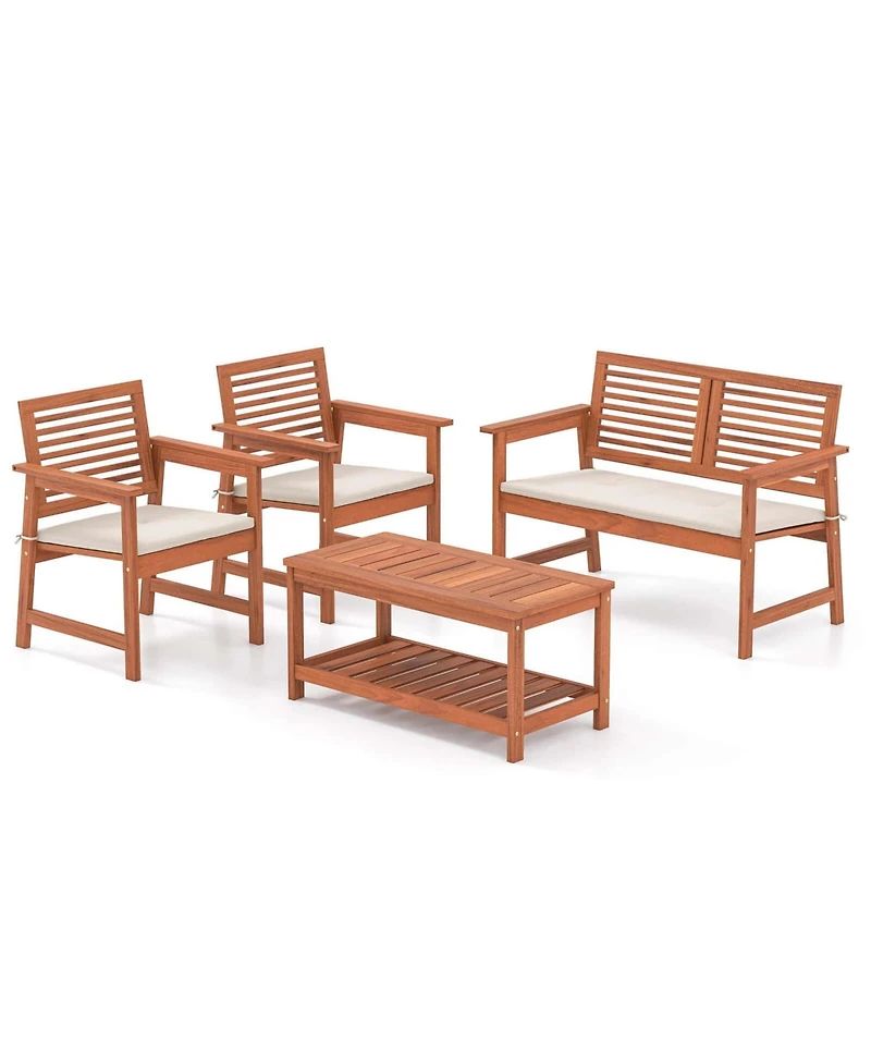 4 Pcs Patio Conversation Set with Soft Seat Cushions 2-Tier Rectangle Coffee Table