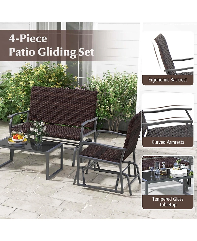 Costway 4 Piece Patio Gliding Set with Tempered Glass Coffee Table Quick Dry Foam Poolside