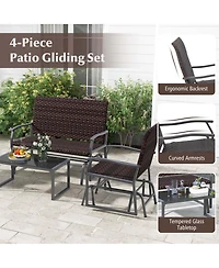 Costway 4 Piece Patio Gliding Set with Tempered Glass Coffee Table Quick Dry Foam Poolside