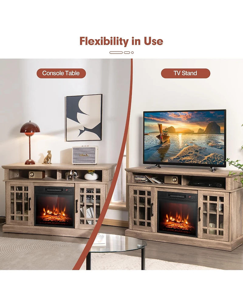 Gymax 48'' Tv Stand Console Cabinet w/ Fireplace Entertainment Center For Living Room Natural