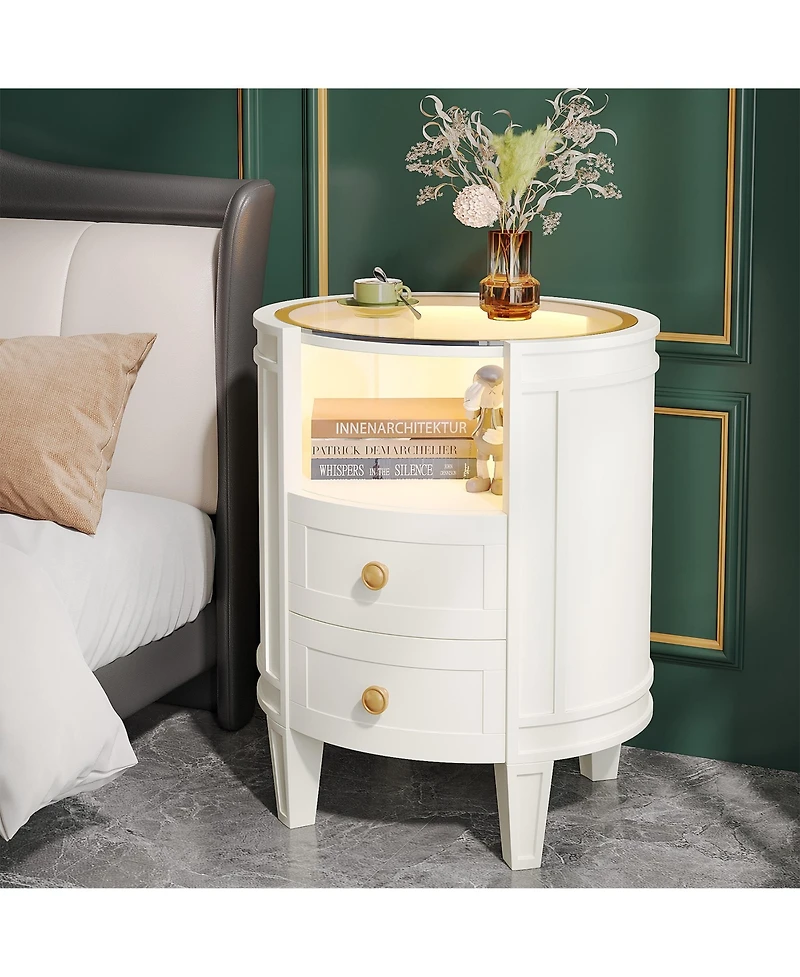 Tribesigns 2-Drawer Nightstand with Glass Tabletop, Modern White Oval Led Nightstands, No Assembly Required, Oval Round Night Stand Side Table for Bed