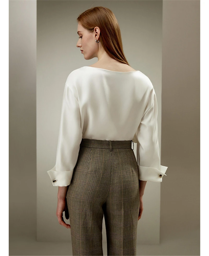 Silk Twill Blouse with Boat Neckline for Women