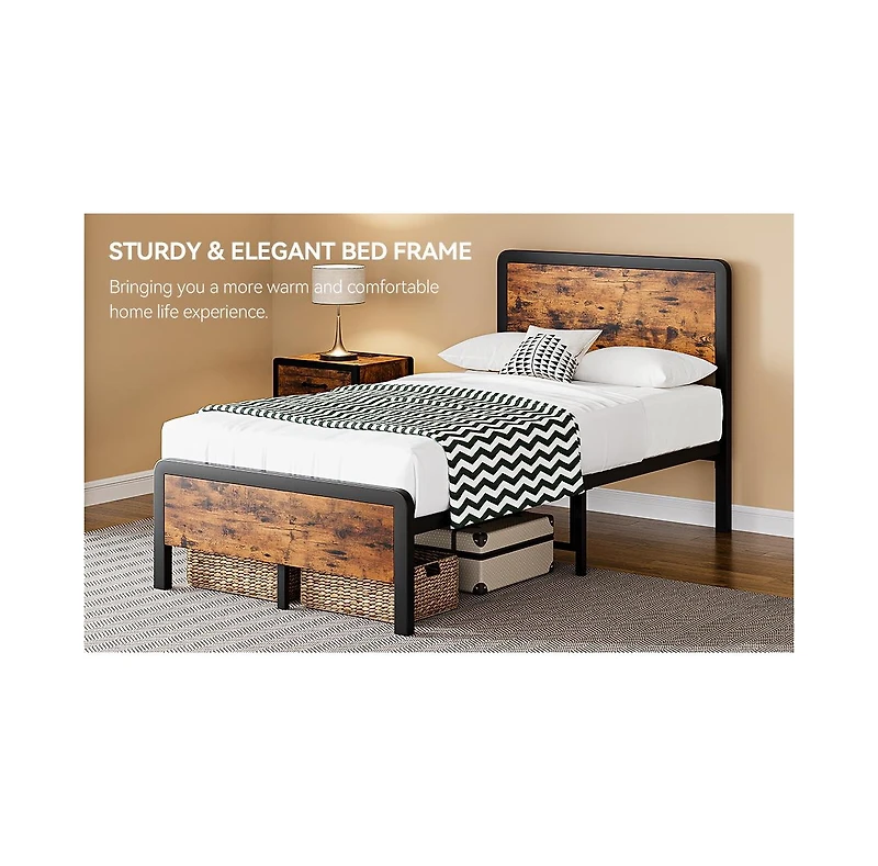 gaomon Queen Bed Frame with Headboard Footboard, Rustic Wood Farmhouse Platform Metal Wrought Rod Slat Bedframe