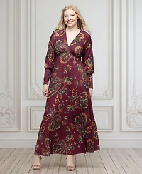24seven Comfort Apparel Women's Wine Paisley Print Sleeve A Line Maxi Dress