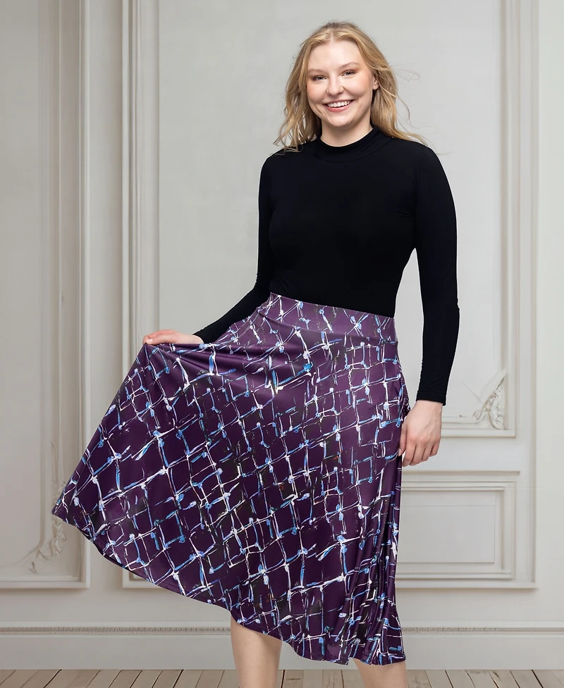24seven Comfort Apparel Women's Purple Print Elastic Waist Pocket Midi Skirt