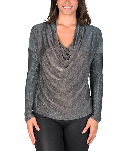 24seven Comfort Apparel Women's Cowl Neck Long Sleeve Shimmery Fabric Top