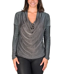 24seven Comfort Apparel Women's Cowl Neck Long Sleeve Shimmery Fabric Top
