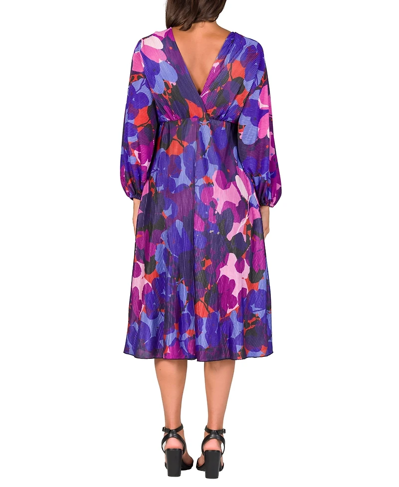 24seven Comfort Apparel Women's Pleated V Neck Empire Waist Midi Dress