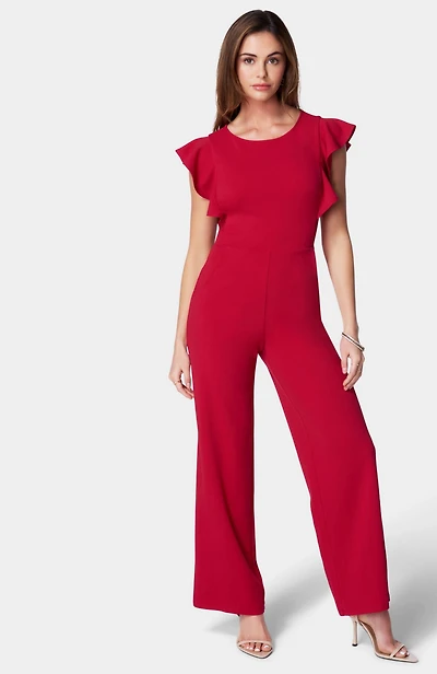 Bebe Women's Scuba Crepe Jumpsuit With Ruffle Sleeve