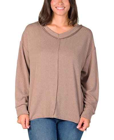 24seven Comfort Apparel Women's Relaxed Fit Ribbed Knit V Neck Sweater Top