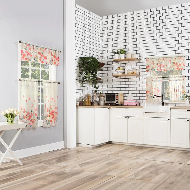 Rosalind Watercolor Floral Semi-Sheer Rod Pocket Kitchen Curtain Valance and Tiers Set