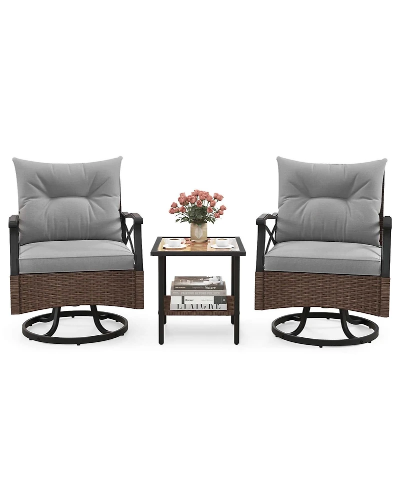 3 Pcs Patio Swivel Rocker Set with 2-Tier Coffee Table & Cozy Seat Back Cushions