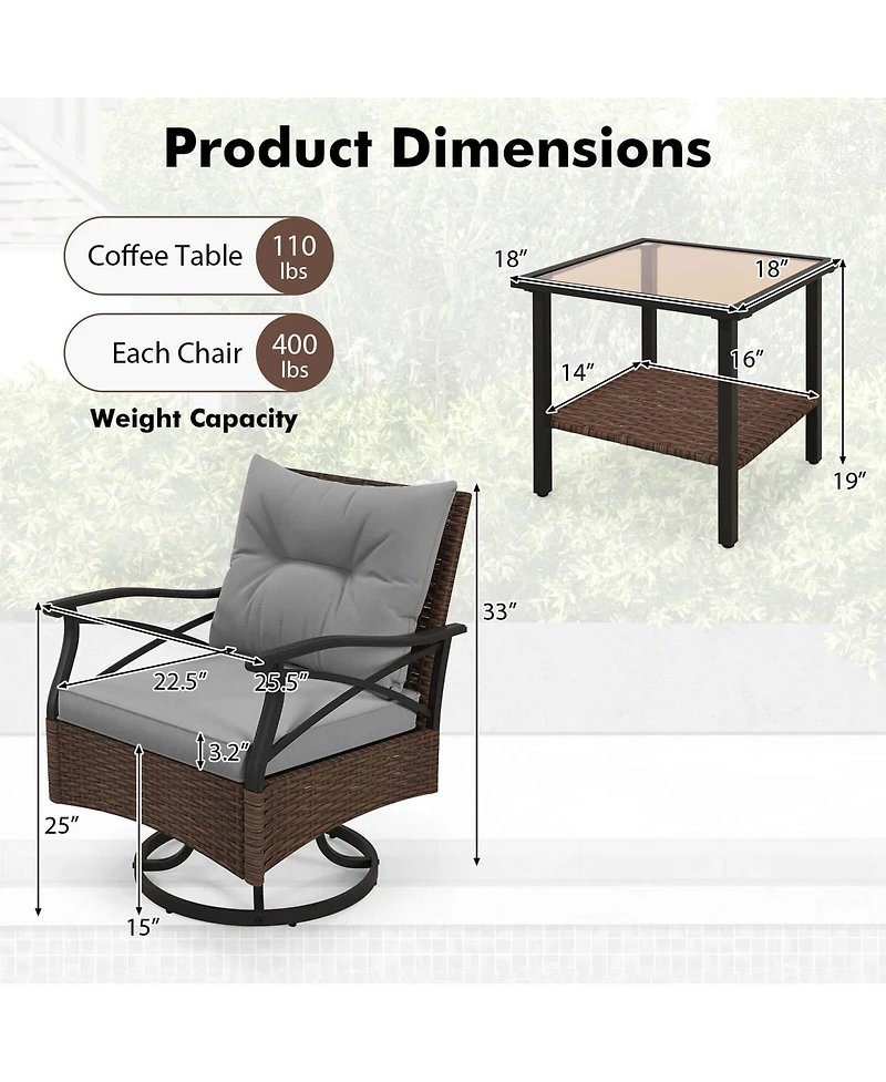 3 Pcs Patio Swivel Rocker Set with 2-Tier Coffee Table & Cozy Seat Back Cushions