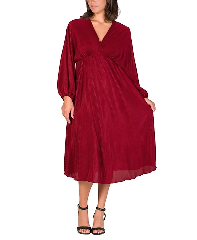 24seven Comfort Apparel Women's Pleated V Neck Empire Waist Midi Dress