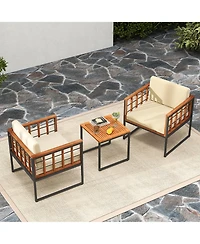 Gymax 3 Pieces Patio Furniture Set Acacia Wood Bistro Conversation Set w/ 2 Cushioned Chairs Beige