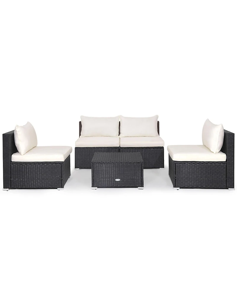 Gymax 5PCS Patio Outdoor Rattan Sofa Conversation Set w/ Seat & Back Cushions Off White