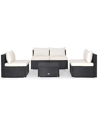 Gymax 5PCS Patio Outdoor Rattan Sofa Conversation Set w/ Seat & Back Cushions Off White