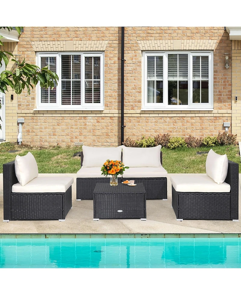 Gymax 5PCS Patio Outdoor Rattan Sofa Conversation Set w/ Seat & Back Cushions Off White