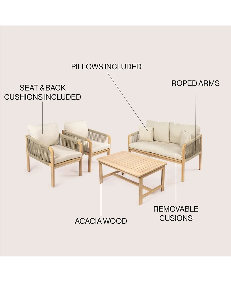 Jonathan Y Tavira 4-Piece Modern Bohemian Acacia Wood Outdoor Patio Set with Cushions and Plain Decorative Pillows, Beige/Light Teak