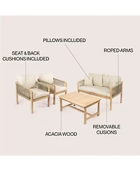 Jonathan Y Tavira 4-Piece Modern Bohemian Acacia Wood Outdoor Patio Set with Cushions and Plain Decorative Pillows, Beige/Light Teak