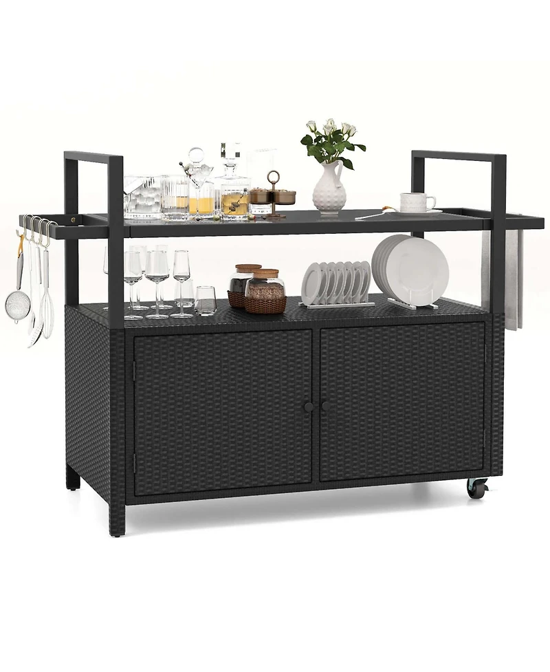 Outdoor Bar Cart with Tempered Glass Top Storage Cabinet & 8 Hooks for Porch