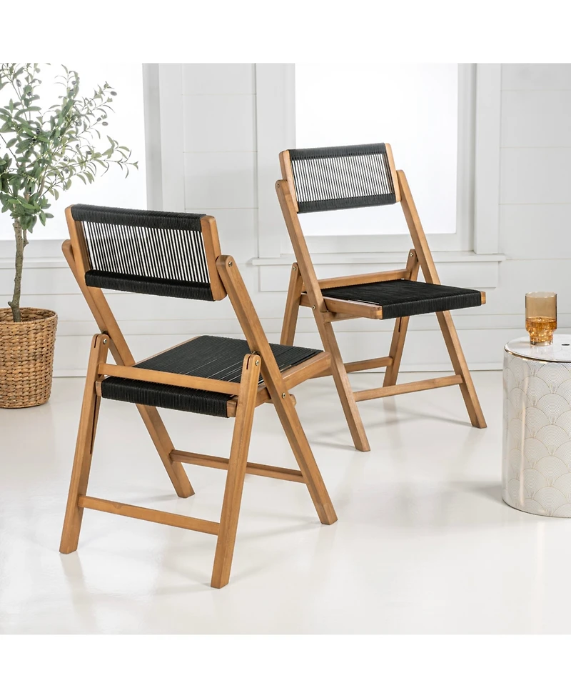 Jonathan Y Olivier Coastal Modern Wood Roped Folding Chair with Adjustable Back, Black/Natural (Set of 2)