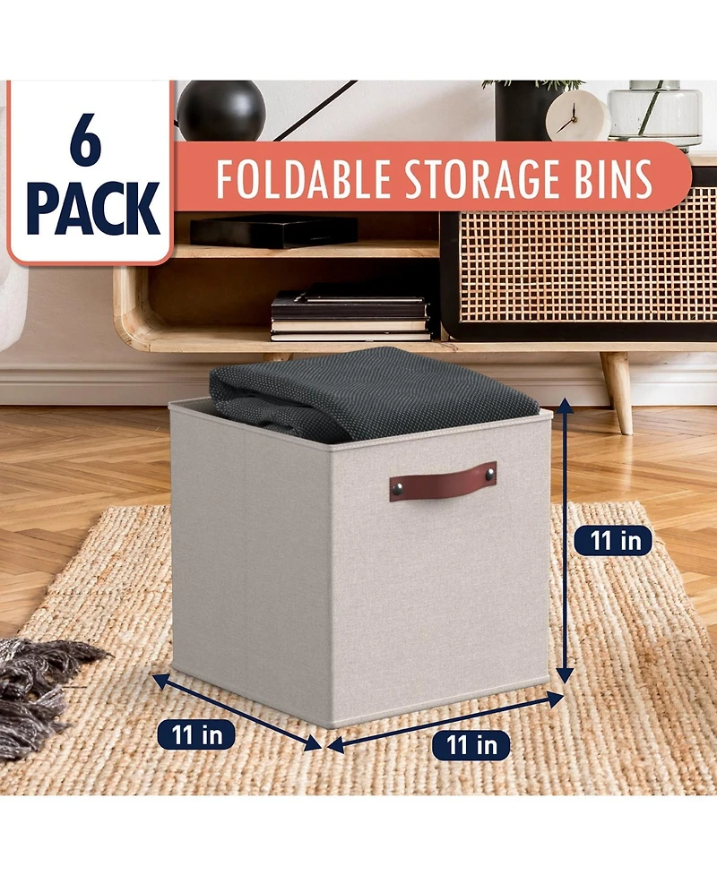 Ornavo Home 6 Pack Collapsible Linen Storage Cube Bin with Leather Handles - 11 Inch