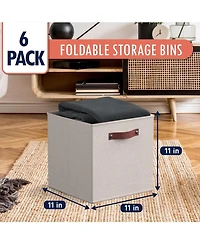 Ornavo Home 6 Pack Collapsible Linen Storage Cube Bin with Leather Handles - 11 Inch