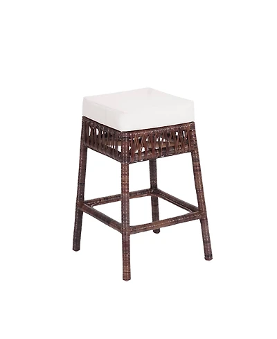 Jonathan Y Bali 25.5" Bohemian Basics Rattan Backless Counter Stool, White Cushion with Dark Brown Woven Frame
