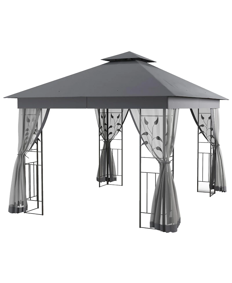 Outsunny 10' x 10' Metal Patio Gazebo, Double Canopy, Tree Motifs,