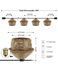 Jonathan Y Maui 10-Light Indoor/Outdoor 10 ft. Mid-Century Vintage Led G40 Tiki Hut Hemp Rope Shaded String Lights, Brown